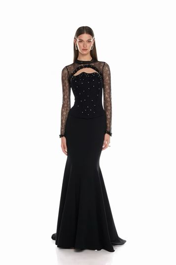 Abito da sera nero con dettagli a corsetto e effetto pizzo 